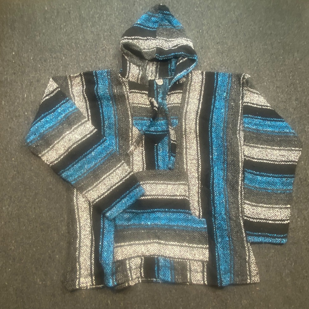 Artesanias Mickey Boho Mens L‎ Blue Striped Woven Drug Rug Baja Hoodie Pullover